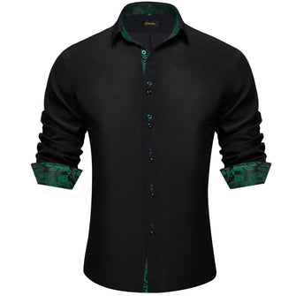 Black Solid Green Paisley Splicing Silk Shirt