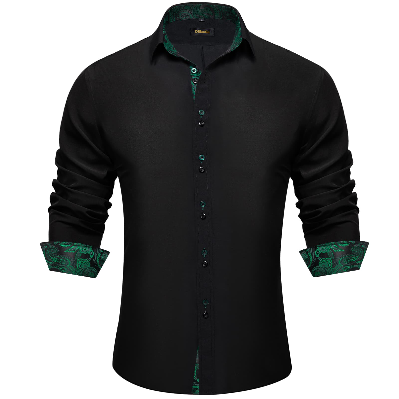 Black Solid Green Paisley Splicing Silk Shirt