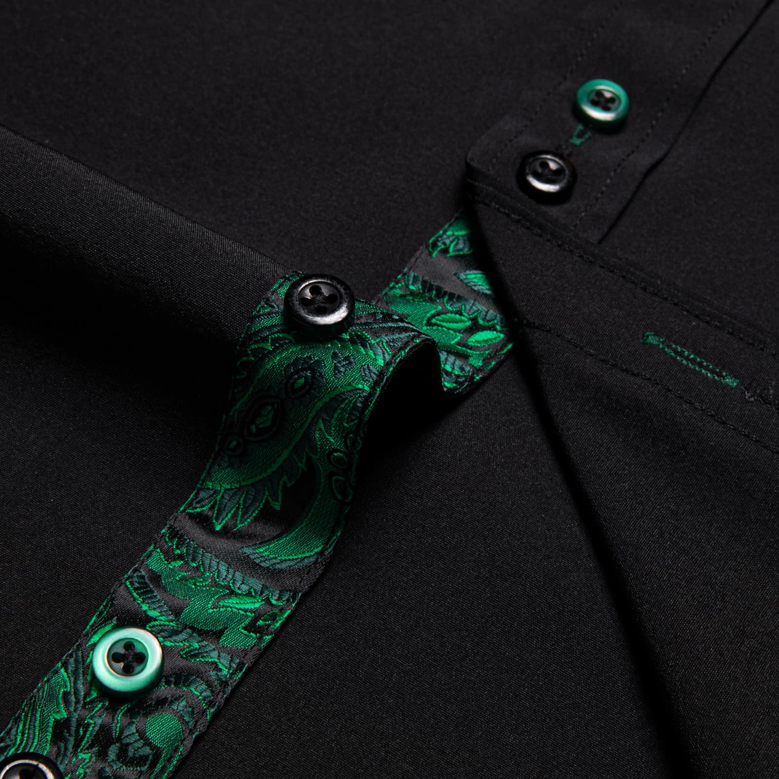 Black Solid Green Paisley Splicing Silk Shirt