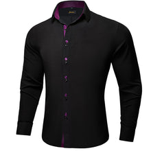 Black Solid Purple Plaid Splicing Silk Shirt