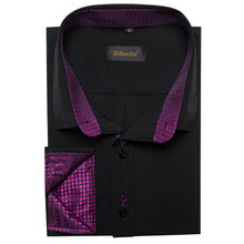 Black Solid Purple Plaid Splicing Silk Shirt