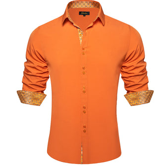 Solid Dark Orange Splicing Silk Long Sleeve Shirt