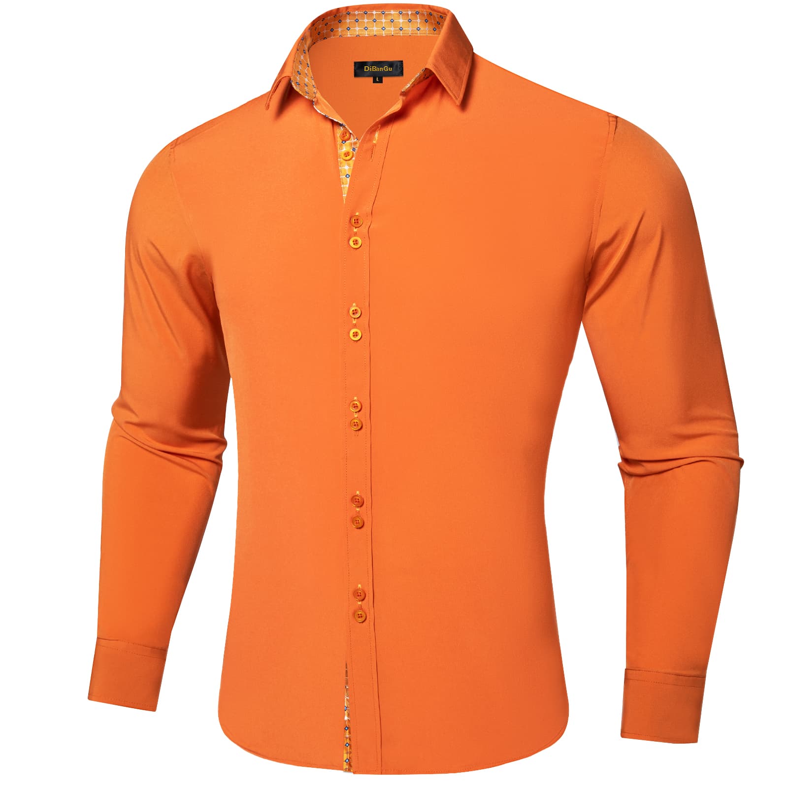 burnt orange dress shirt mens DiBanGu Mens Dress Shirt Solid Dark Orange Splicing Silk Long Sleeve Shirt, XL
