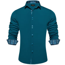  Solid Aegean Blue Splicing Silk Long Sleeve Shirt