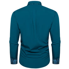  Solid Aegean Blue Splicing Silk Long Sleeve Shirt