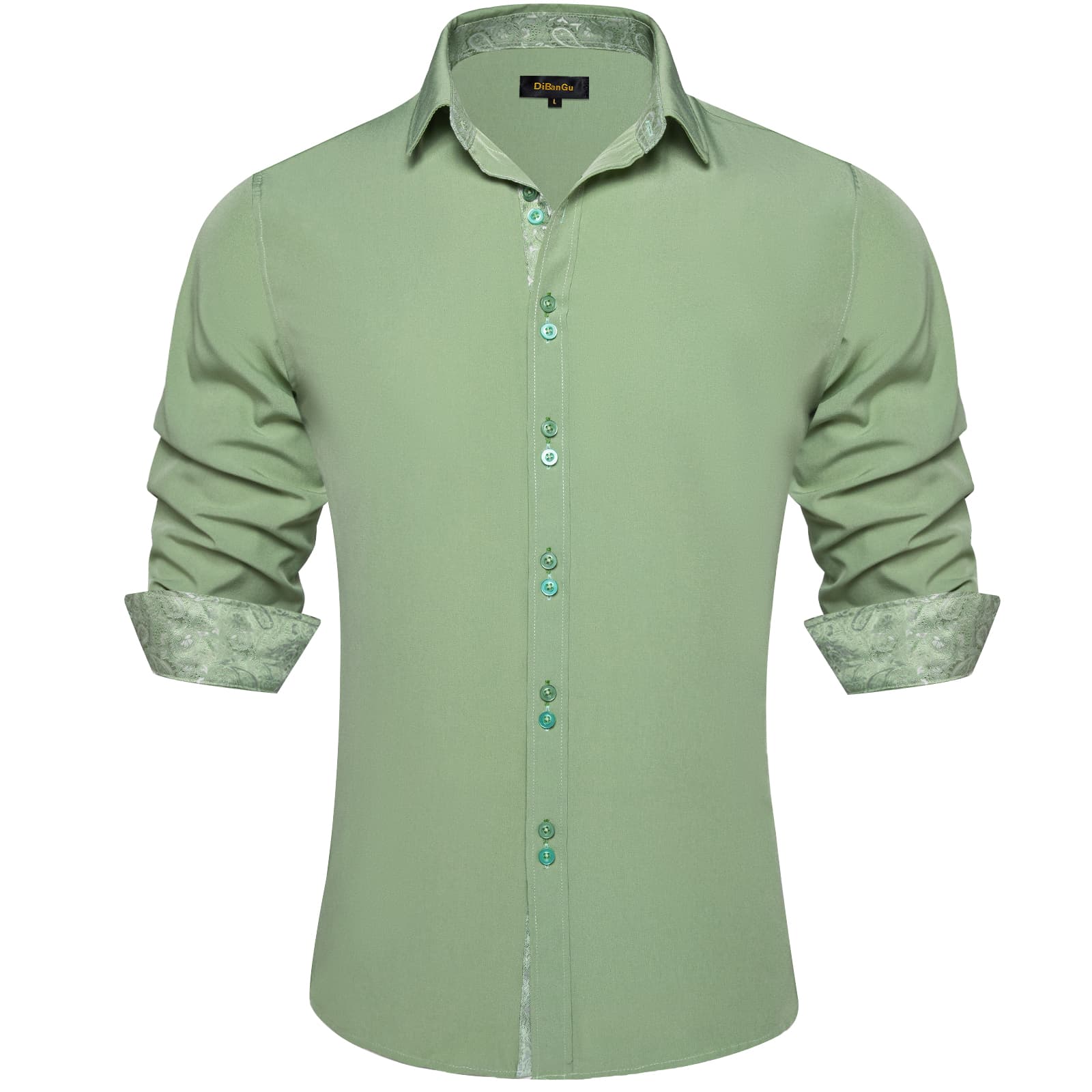 DiBanGu Mens Dress Shirt Solid Sage Green Splicing Silk Button Down Shirt, XXL