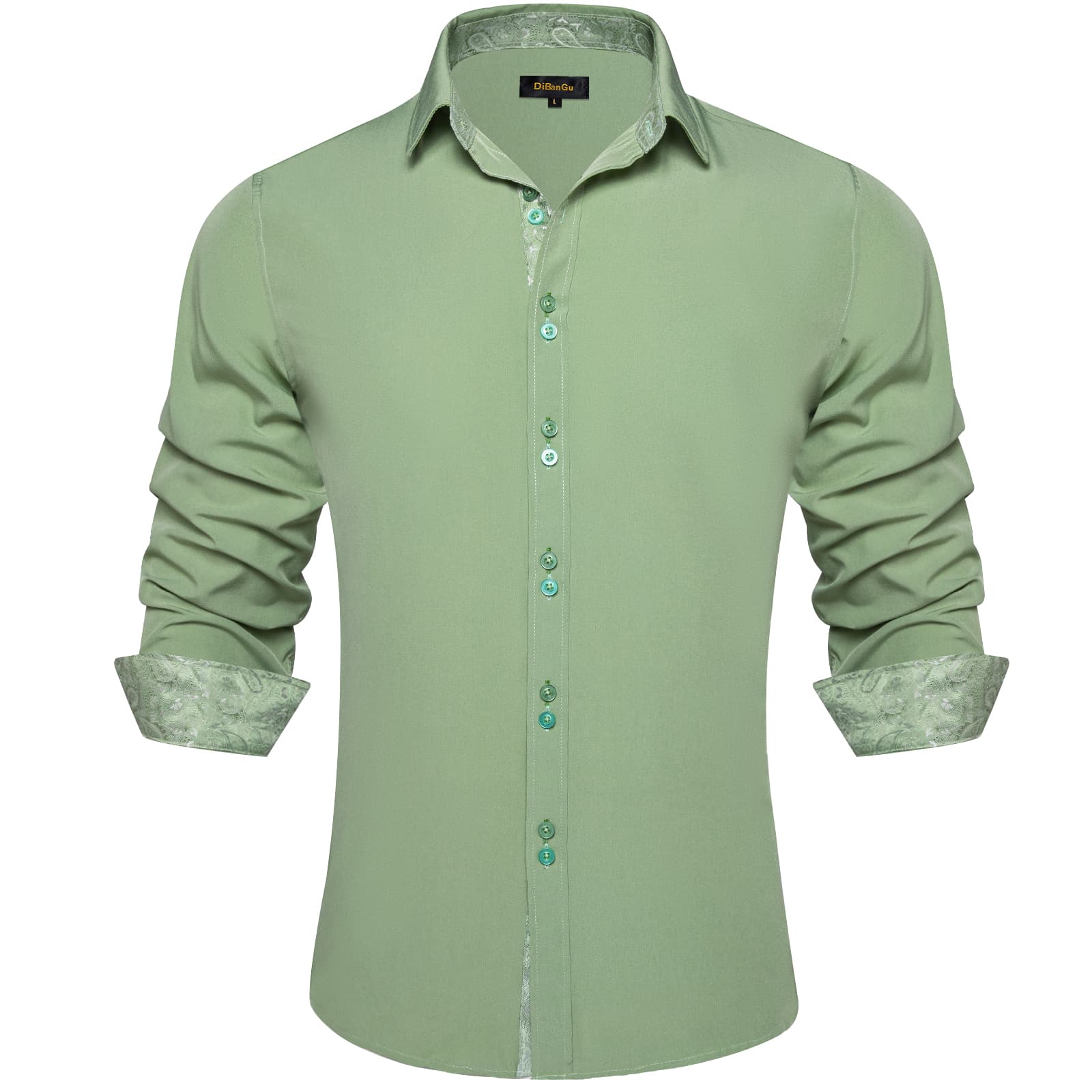 DiBanGu Mens Dress Shirt Solid Sage Green Splicing Silk Button Down Shirt, M DiBanGu Mens Dress Shirt Solid Sage Green Splicing Silk Button Down Shirt, M