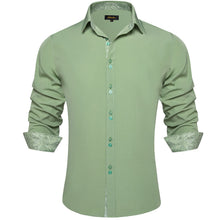  Solid Sage Green Splicing Silk Button Down Shirt