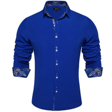  Solid Azure Blue Splicing Silk Button Down Shirt