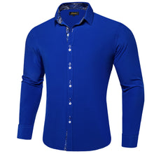  Solid Azure Blue Splicing Silk Button Down Shirt