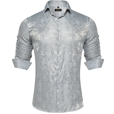 Dibangu Grey Silver Paisley Men's Silk  Long Sleeves Shirt