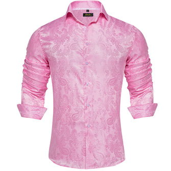 Dibangu Pink Paisley Men's Silk Long Sleeves Shirt