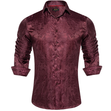Dibangu Maroon Paisley Men's Silk  Long Sleeves Shirt