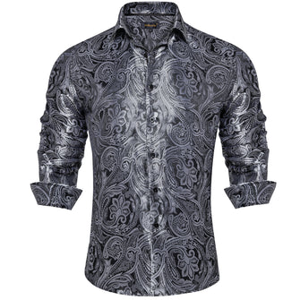 deep grey mens silk paisley button down shirt