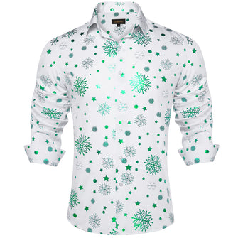 Christmas Green Snowflakes White Silk Men's Shirt