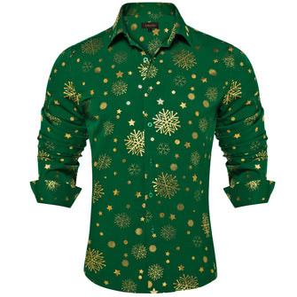 Christmas Golden Snowflakes Green Silk Men's Shirt