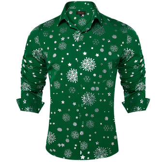 Christmas Silver Snowflakes Green Silk Men's Shirt