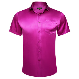 deep purple solid satin men's button down short sleeve shirts