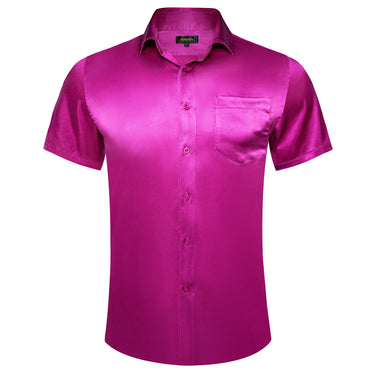 Dibangu Red Violet Solid Satin Men's Short Sleeve Shirt
