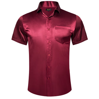 Solid Satin Burgundy Red mens short sleeve shirts for business or wedding
