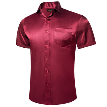 Dibangu Red Solid Satin Men's Short Sleeve Shirt