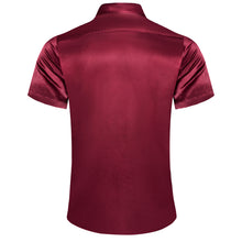wedding Burgundy Red solid silk button up shirts short sleeve shirt for men