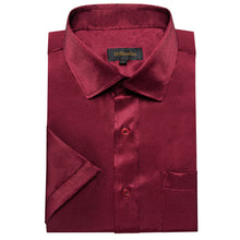 Maroon red solid silk mens Collar short sleeved shirt