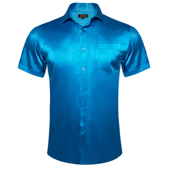 cobalt blue solid business silk mens button up short sleeve shirts