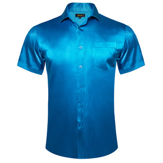 Dibangu Peacock Blue Solid Satin Men's Short Sleeve Shirt