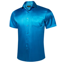 business cobalt blue solid silk mens short sleeve button down shirt