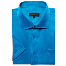 fashion cobalt blue solid silk short sleeve casual shirts for men