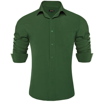 Dark Olive Green Solid Silk Long Sleeve Shirt