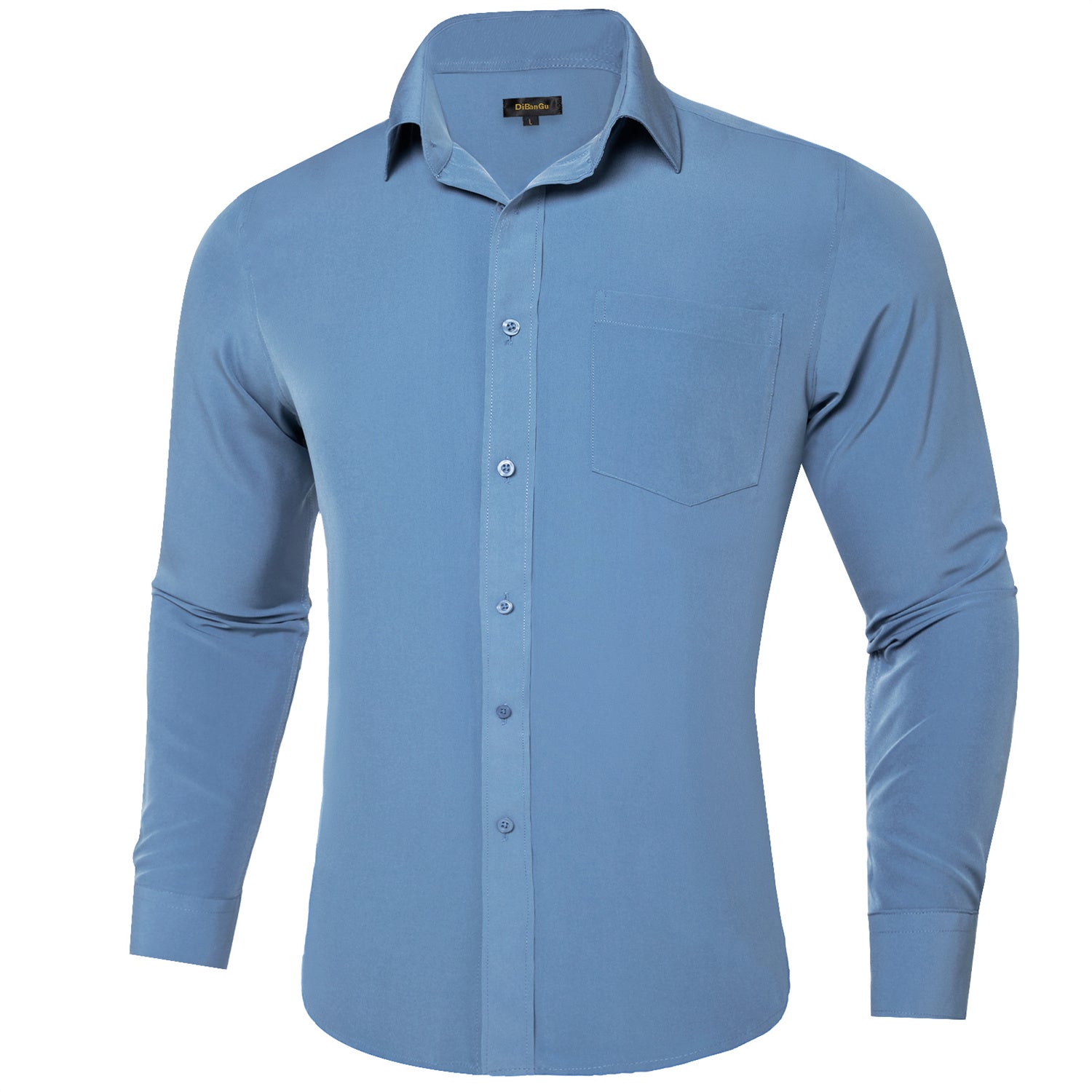 DiBanGu Button Down Shirt Steel Blue Solid Silk Men's Long Sleeve Shirt