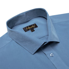 Dibangu Button Down Shirt Steel Blue Solid Silk Men's Long Sleeve Shirt