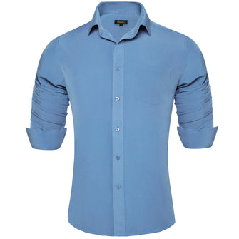 Steel Blue Solid Silk Men's Long Sleeve Shirt