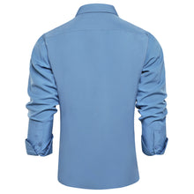 Dibangu Button Down Shirt Steel Blue Solid Silk Men's Long Sleeve Shirt