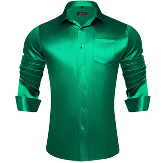 Long Sleeve Shirt Parakeet Green Solid Satin Men's Silk Button Down Shirt