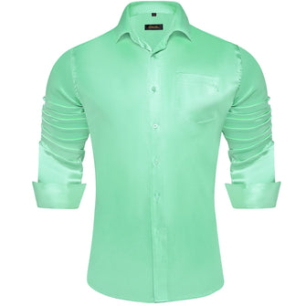 Long Sleeve Shirt Mint Green Solid Satin Men's Silk Shirt