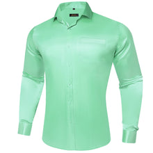 Long Sleeve Shirt Mint Green Solid Satin Men's Silk Shirt