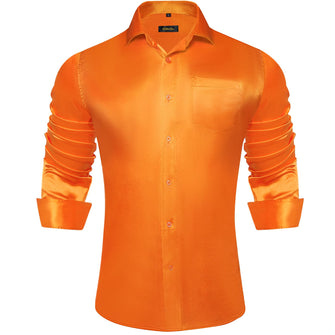 Long Sleeve Shirt Tiger Orange Solid Silk Satin Mens Dress Shirt