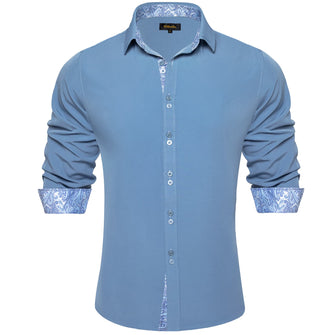  Solid Arctic Blue Splicing Silk Button Down Shirt