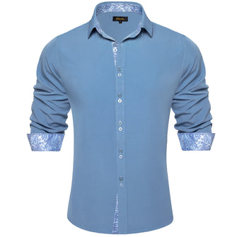  Solid Arctic Blue Splicing Silk Button Down Shirt