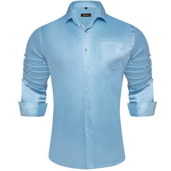 Long Sleeve Shirt Arctic Blue Solid Silk Satin Mens Dress Shirt