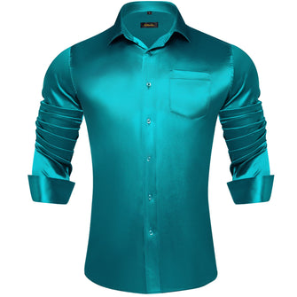 Long Sleeve Shirt Dark Cyan Solid Silk Satin Mens Dress Shirt