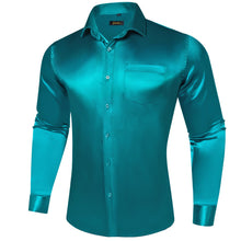 Long Sleeve Shirt Dark Cyan Solid Silk Satin Mens Dress Shirt