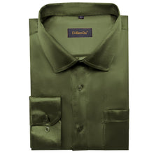  Long Sleeve Shirt Olive Drab Green Solid Satin Mens Dress Shirt
