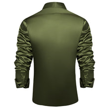  Long Sleeve Shirt Olive Drab Green Solid Satin Mens Dress Shirt