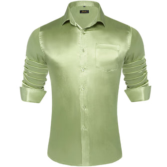  Long Sleeve Shirt Sage Green Solid Satin Mens Dress Shirt Top