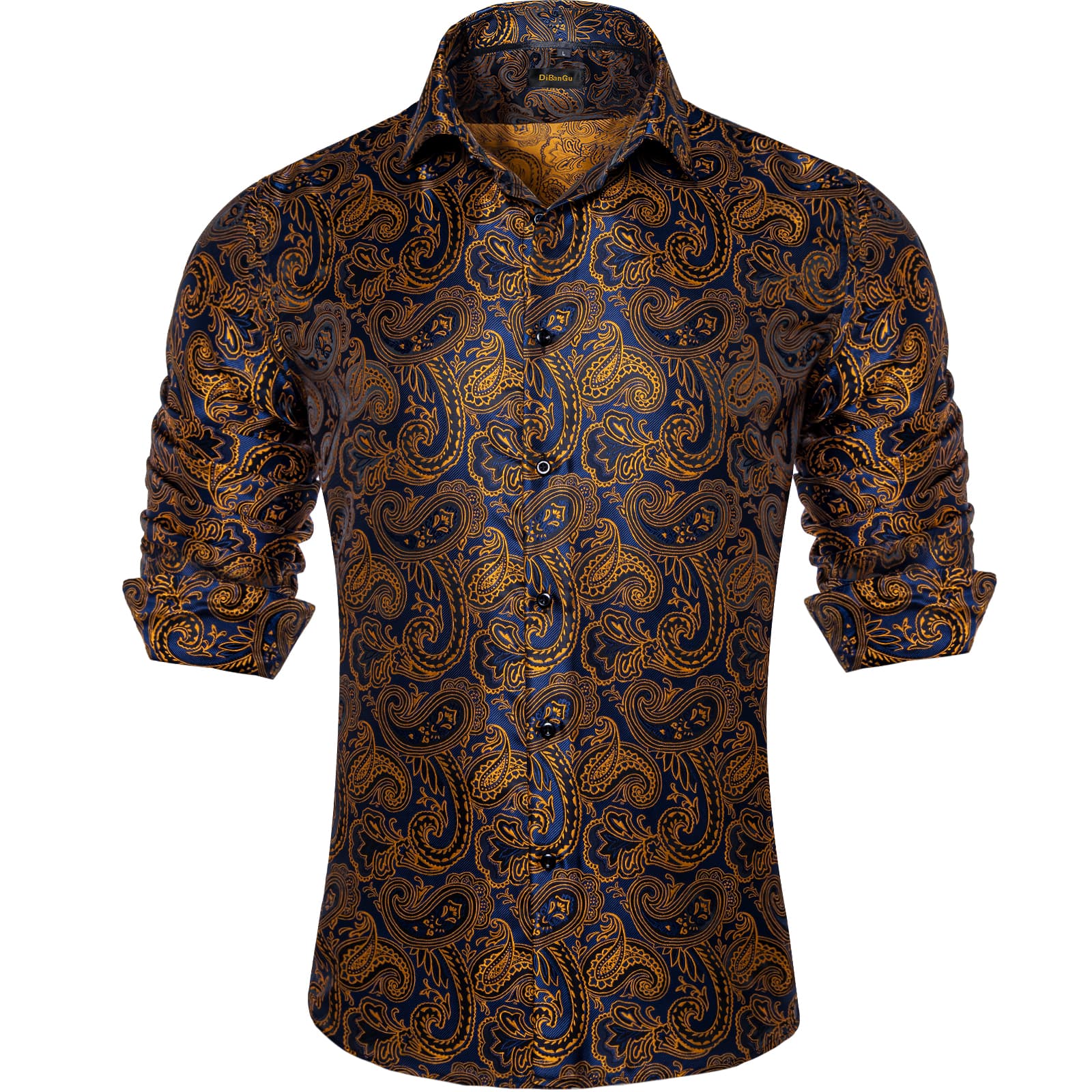 classic button down long sleeve silk mens paisley navy blue yellow shirt