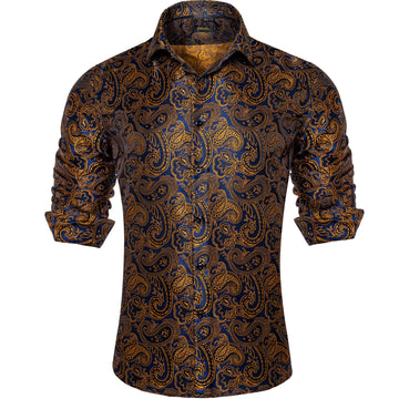 classic button down long sleeve silk mens paisley navy blue yellow shirt